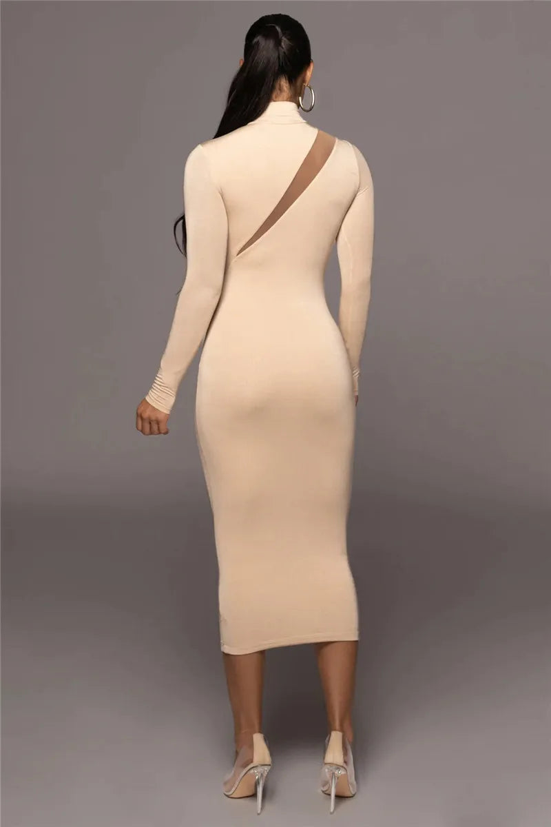 Elegant Long Sleeve Bodycon Sexy Maxi Dress For Women Autumn Winter Fashion Half High Collar Club Party Sexy Long Dress