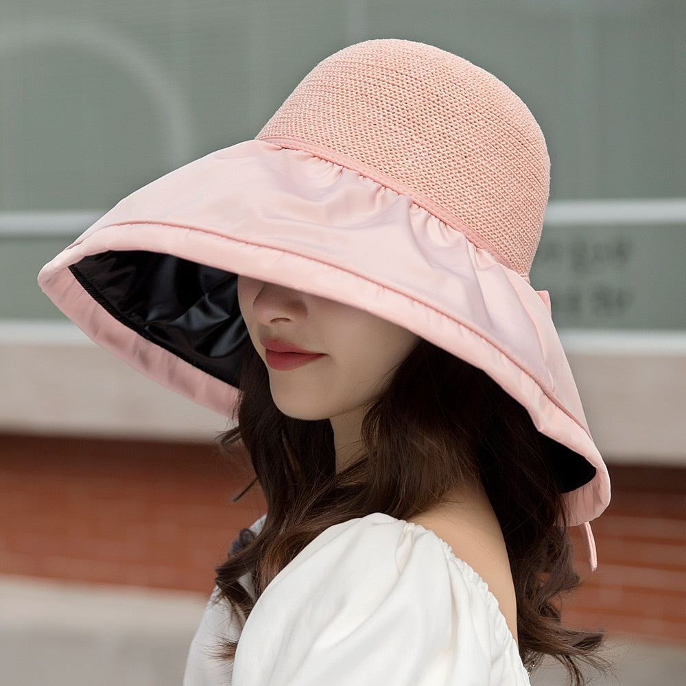 Women's Summer Shade Cap Fashion Big Brim Hollow Out Ceiling Design Sun Hat Female Travel Bow Bucket Hat