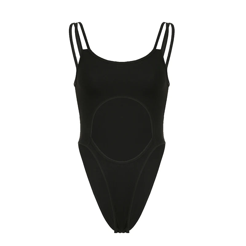 Spaghetti Strap Black Skinny Sexy Bodysuit Fashion Hollow Out Summer Bodies One Piece Catsuit Solid Beach Swimsuits