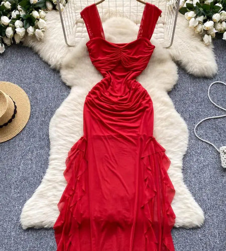 French Summer Fashion Women Black White Vacation Ruffle Edge Slip Long Dress Red Sexy Backless Slim Irregular Pleated Mesh Dress