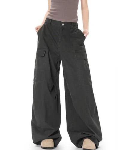 Men's Cargo Pants New American Style Straight Wide Leg Stylish Solid Color Multi Pockets Trendy Male Causal Bottoms 9W1930