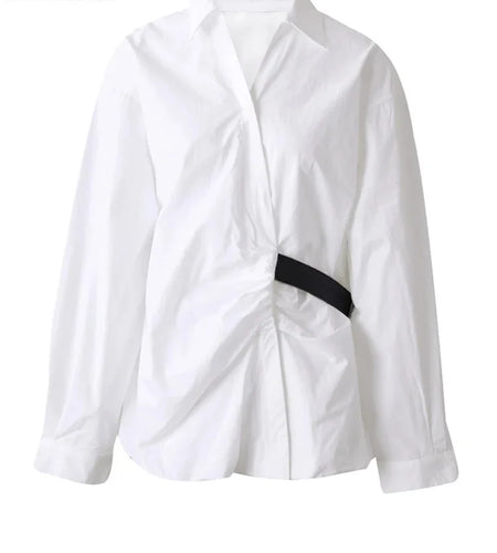 Women White Pleated Belted Big Size Bud Blouse New V-neck Long Sleeve Shirt Fashion Tide Spring Autumn 2025 7AB8172
