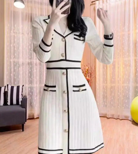 Autumn Winter Black White Patchwork High Wais A-line Knit Dress French Women's New Long Sleeved Slim Single Breasted Short Dress