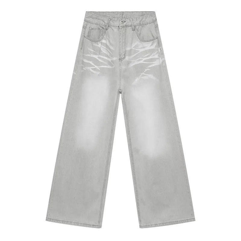 Loose Casual Men's Denim Pants New Cat Beard Washed Grinding White Light Grey Straight Wide Leg Jeans Four Seasons 9C4276