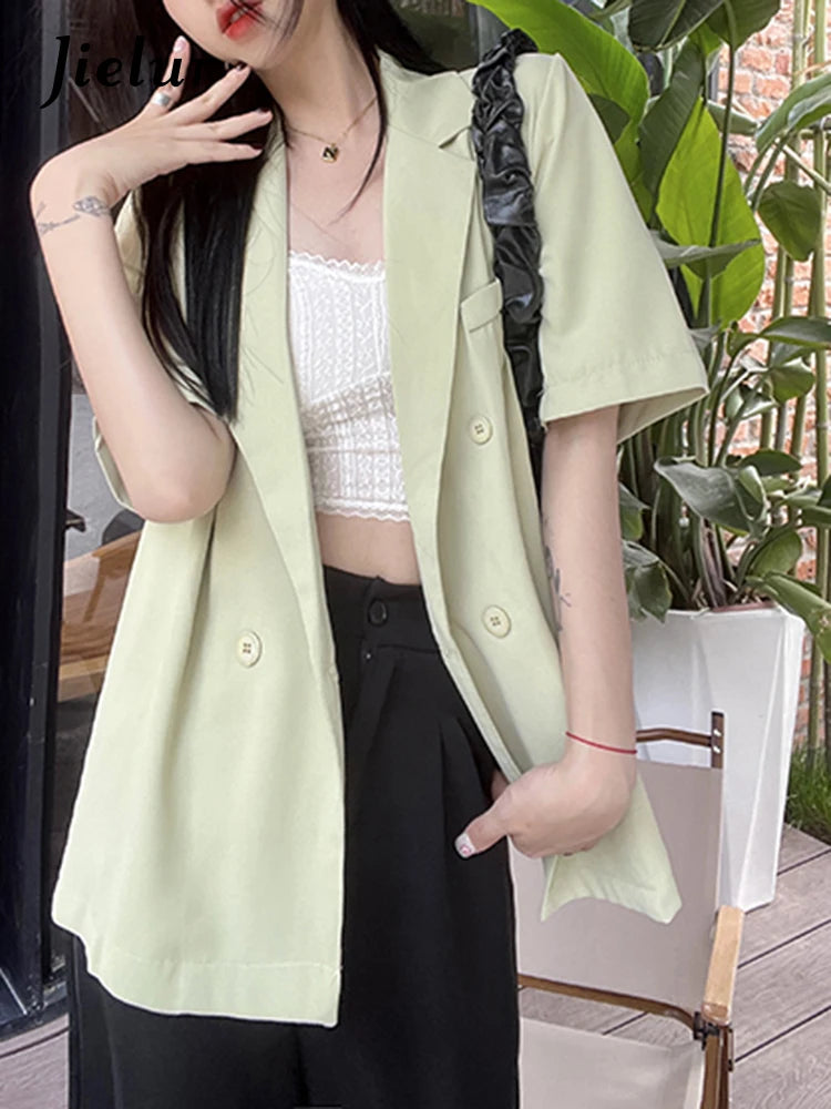 Fashion Casual Women Blazers Summer Korean Style Suit Jacket Female Short Sleeve Office Lady Green Black Coat M-4XL