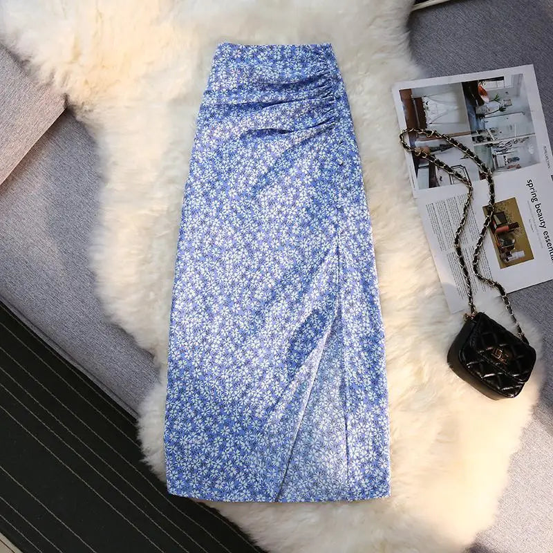 Sexy Print Split Skirt Womens Summer 2023 A-line High Waist Slim Midi  Skirts Female Retro Elegant Wrap Hip Skirt Fashion