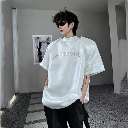 Load image into Gallery viewer, Men&#39;s Short Sleeved T-shirt Summer Letter Label Personalized Shoulder Pads Solid Color Stand Collar Top 9C5478
