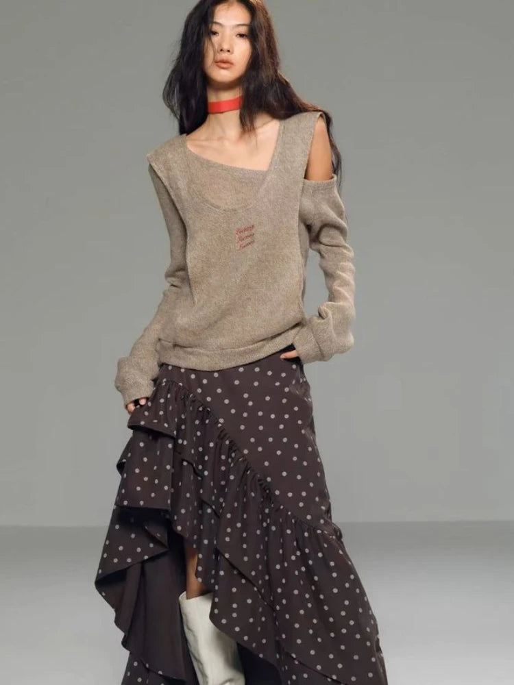 Y2k Aesthetic Fake Two Pieces Pullovers Harajuku Autumn Vintage Grunge Jumpers Letter Embroidery Loose Casual Sweaters Women Top