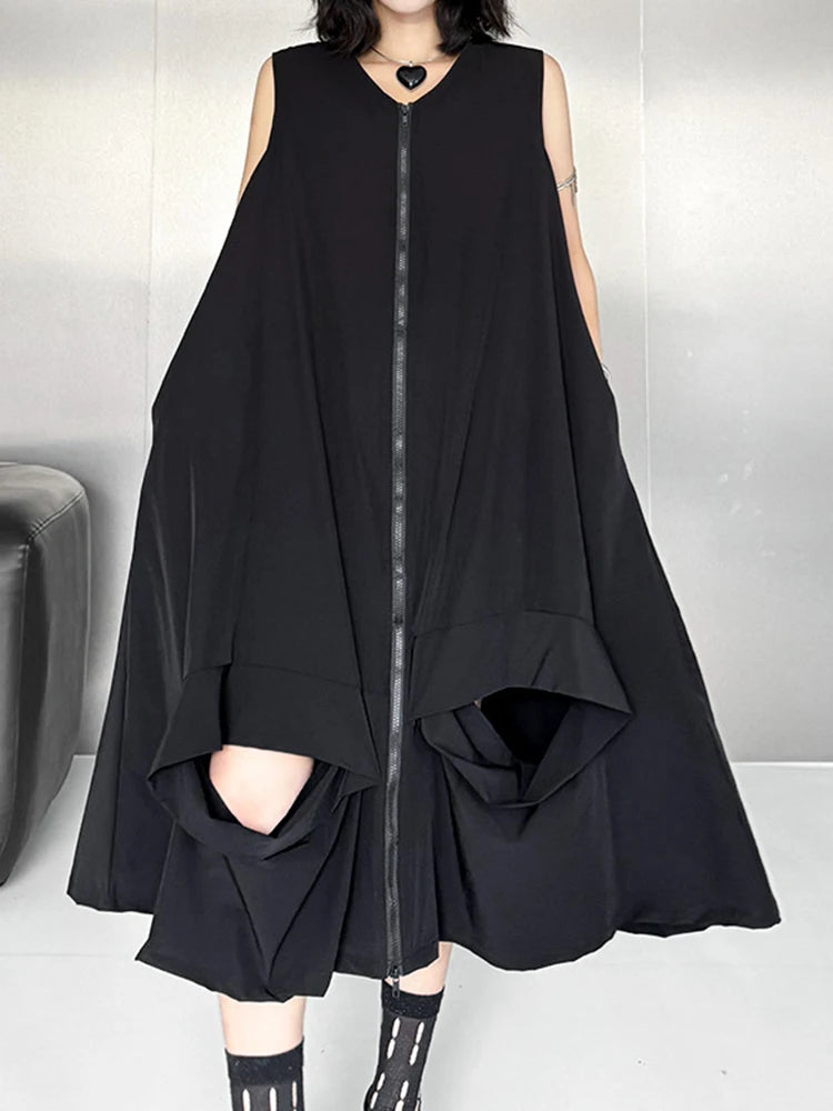 Women Black Zipper Hollow Out Big Size A-line Vest Dress New V-Neck Sleeveless Fashion Tide Spring Summer 2025 1DJ1410
