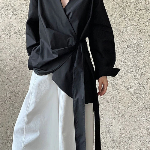 Load image into Gallery viewer, Women Black Bandage Elegant Irregular Big Size Blouse New V-neck Long Sleeve Shirt Fashion Tide Spring Autumn 2025 1DJ0509
