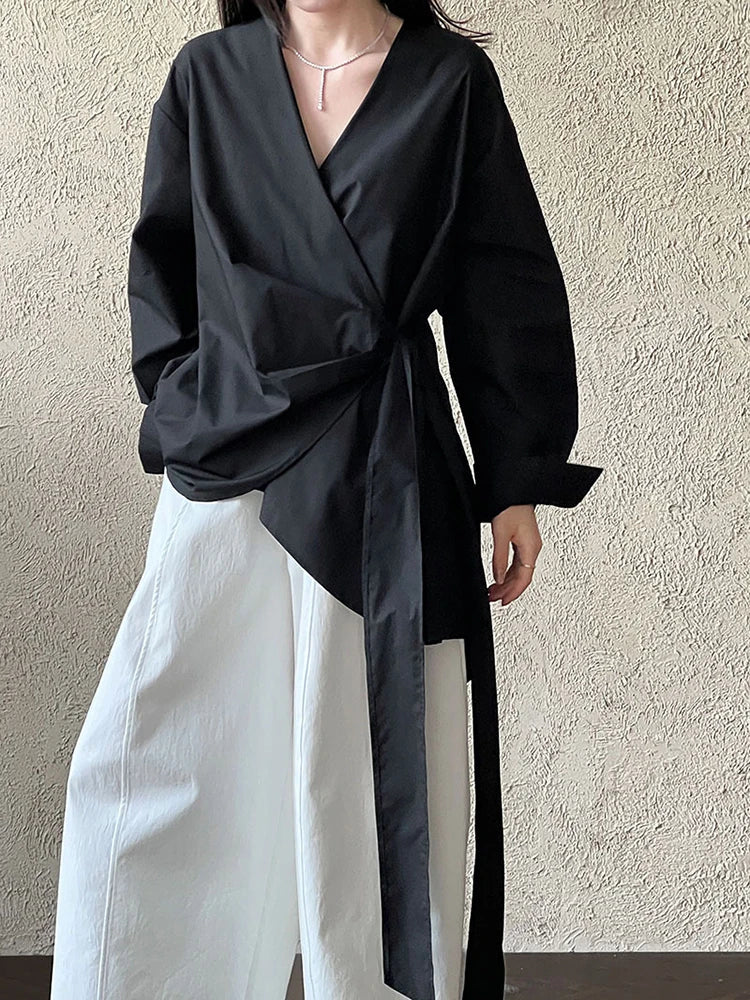 Women Black Bandage Elegant Irregular Big Size Blouse New V-neck Long Sleeve Shirt Fashion Tide Spring Autumn 2025 1DJ0509