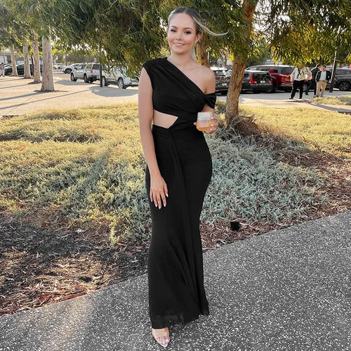 Load image into Gallery viewer, Sexy Sleeveless Hollow Out Pleated Patchwork Maxi Dress For Women High Waist Off-shoulder Slim Club Party Long Dress
