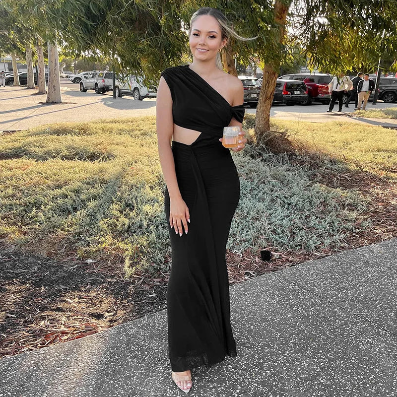 Sexy Sleeveless Hollow Out Pleated Patchwork Maxi Dress For Women High Waist Off-shoulder Slim Club Party Long Dress