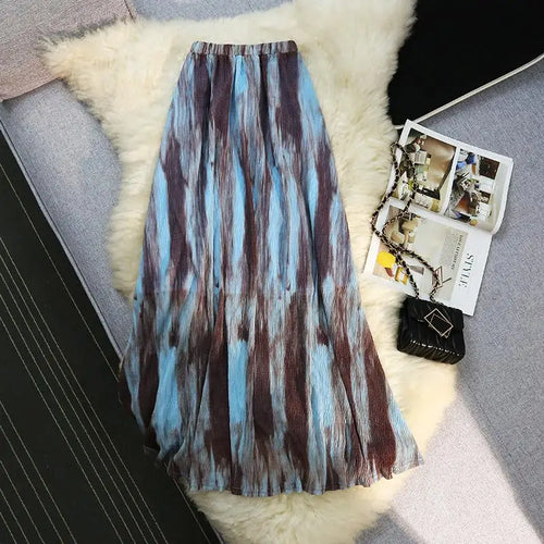 Load image into Gallery viewer, Korean Blue Brown Tie Dye Vacation Pleated Long Skirts Women Summer Vintage High Waist Festival Streetwear Mid-length Boho Skirt
