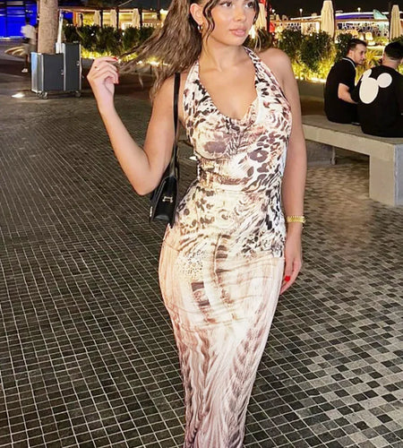 Backless Print V-neck Lace Up Sexy Maxi Dress For Women Slim Fit Sleeveless Hollow Out Dress Vacation Outfit Autumn