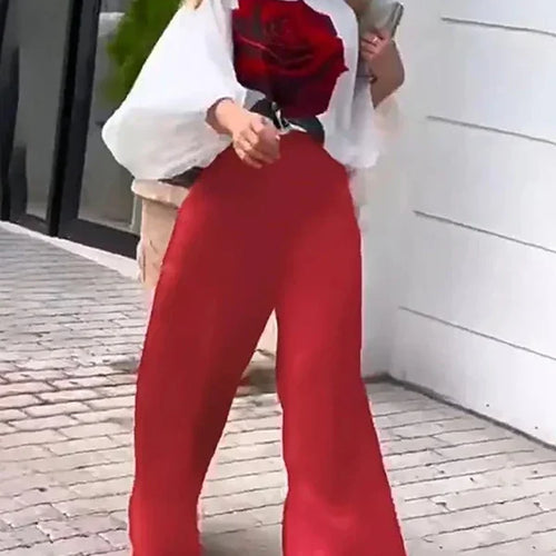 Load image into Gallery viewer, Summer Women 2 Piece Set Outfit Pants Rose Flower Print Blouse Tops Loose Wide Leg Trousers Clothes for Women
