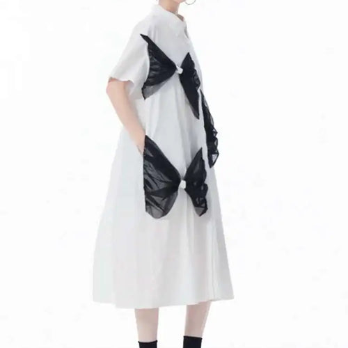 Load image into Gallery viewer, Women White Mesh Bow Color-block Big Size Shirt Dress New Lapel Short Sleeve Fashion Tide Spring Summer 2025 1DJ0048
