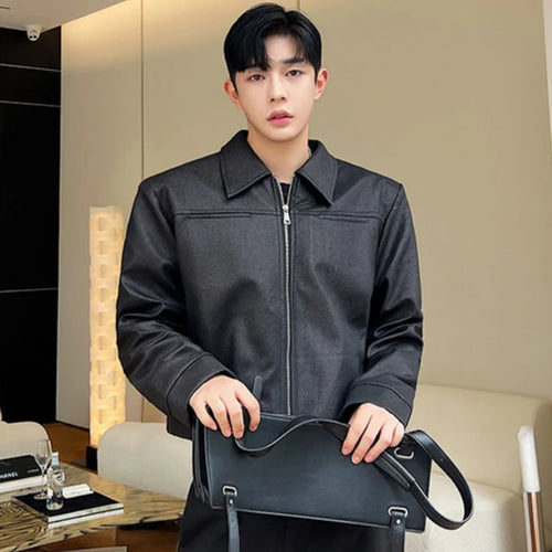Load image into Gallery viewer, Solid Color Male Jackets Korean Fashion Turn-down Collar Patchwork Zipper Men&#39;s Short Coats Autumn New Trendy 2024 9C4451
