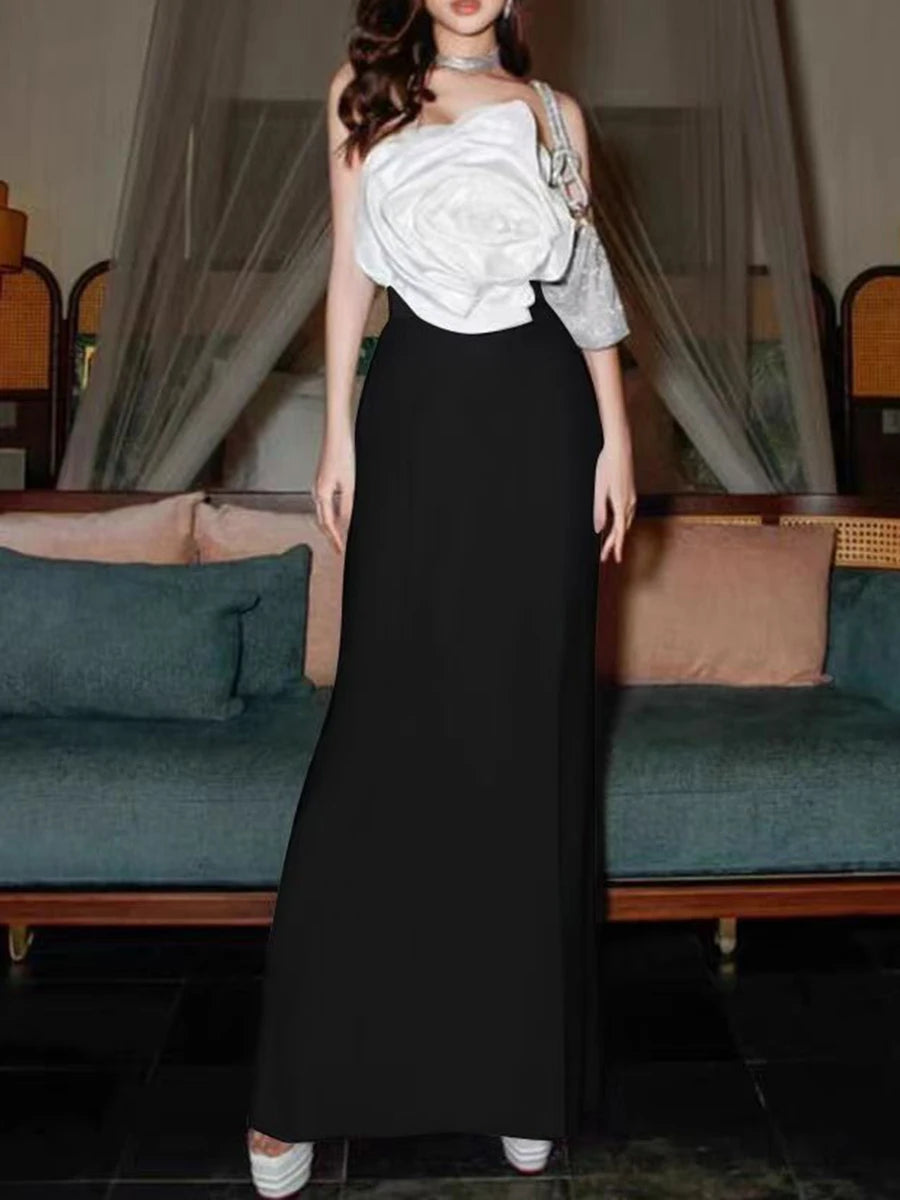 Hit Color Slimming Spliced Appliques Dresses For Women Strapless Sleeveless High Waist Temperament Dress Female New