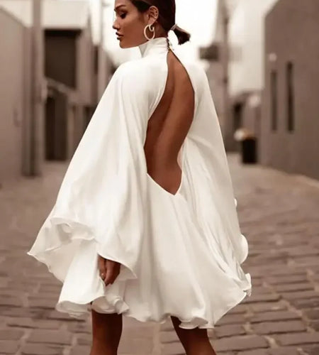 Women's White Turtleneck Long Ruffled Sleeves Backless Dress 2025 Summer Spring New Elegant Party Mini Dress Woman