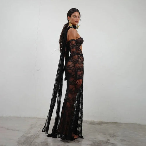 Load image into Gallery viewer, Lace See Through Strapless Sexy Maxi Dress For Women Gown Halter Hollow Out Sleeveless Backless High Split Long Dress
