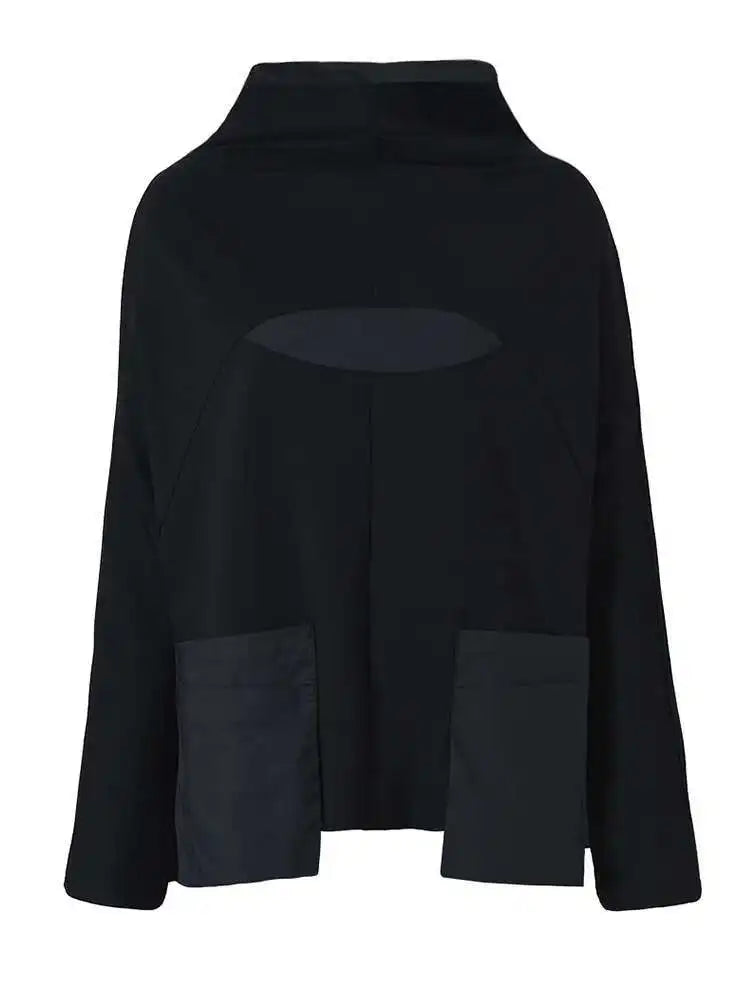 Women Black Loose Pocket Irregular Hem Big Size T-shirt New Turtleneck Long Sleeve Fashion Tide Spring Autumn 2025 JQ01801