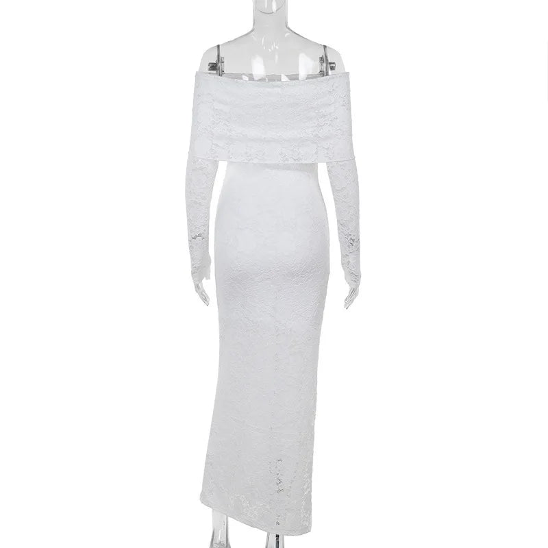 Lace Off-shoulder Sexy Maxi Dress For Women White Strapless Long Sleeve Backless Bodycon Club Party Sexy Long Dress