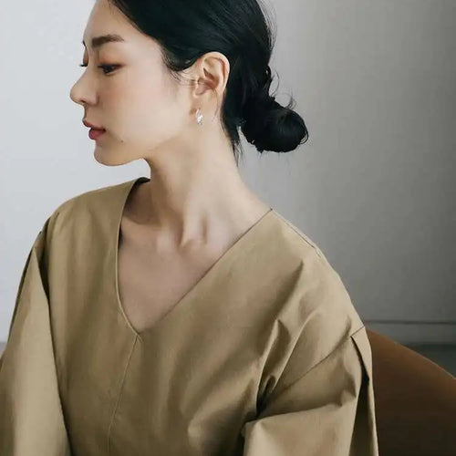 Load image into Gallery viewer, Women Kahki Elegant Big Size Long Dress New V-Neck Long Lantern Sleeve Loose Fit Fashion Tide Spring Autumn 2025  1DH0488
