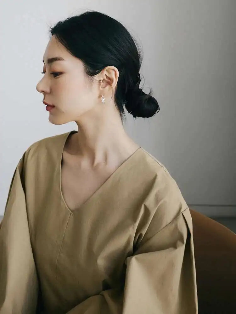 Women Kahki Elegant Big Size Long Dress New V-Neck Long Lantern Sleeve Loose Fit Fashion Tide Spring Autumn 2025  1DH0488