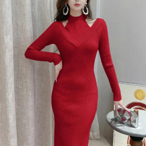 Load image into Gallery viewer, French Women Solid Elegant Festival Hollow Out Knit Dress Autumn Long Sleeve Slim Ladies Fashion Wrap Hip Dresses Clothing Trend
