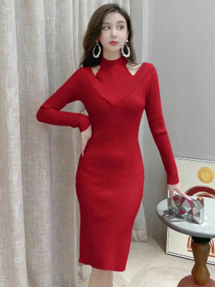 French Women Solid Elegant Festival Hollow Out Knit Dress Autumn Long Sleeve Slim Ladies Fashion Wrap Hip Dresses Clothing Trend