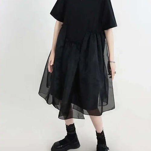 Load image into Gallery viewer, Women Black Organza Big Size Casual Dress New Round Neck Short Sleeve Loose Fit Fashion Tide Spring Summer 2025 1DF5074
