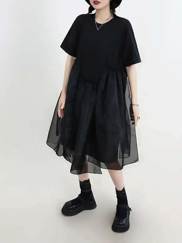 Women Black Organza Big Size Casual Dress New Round Neck Short Sleeve Loose Fit Fashion Tide Spring Summer 2025 1DF5074