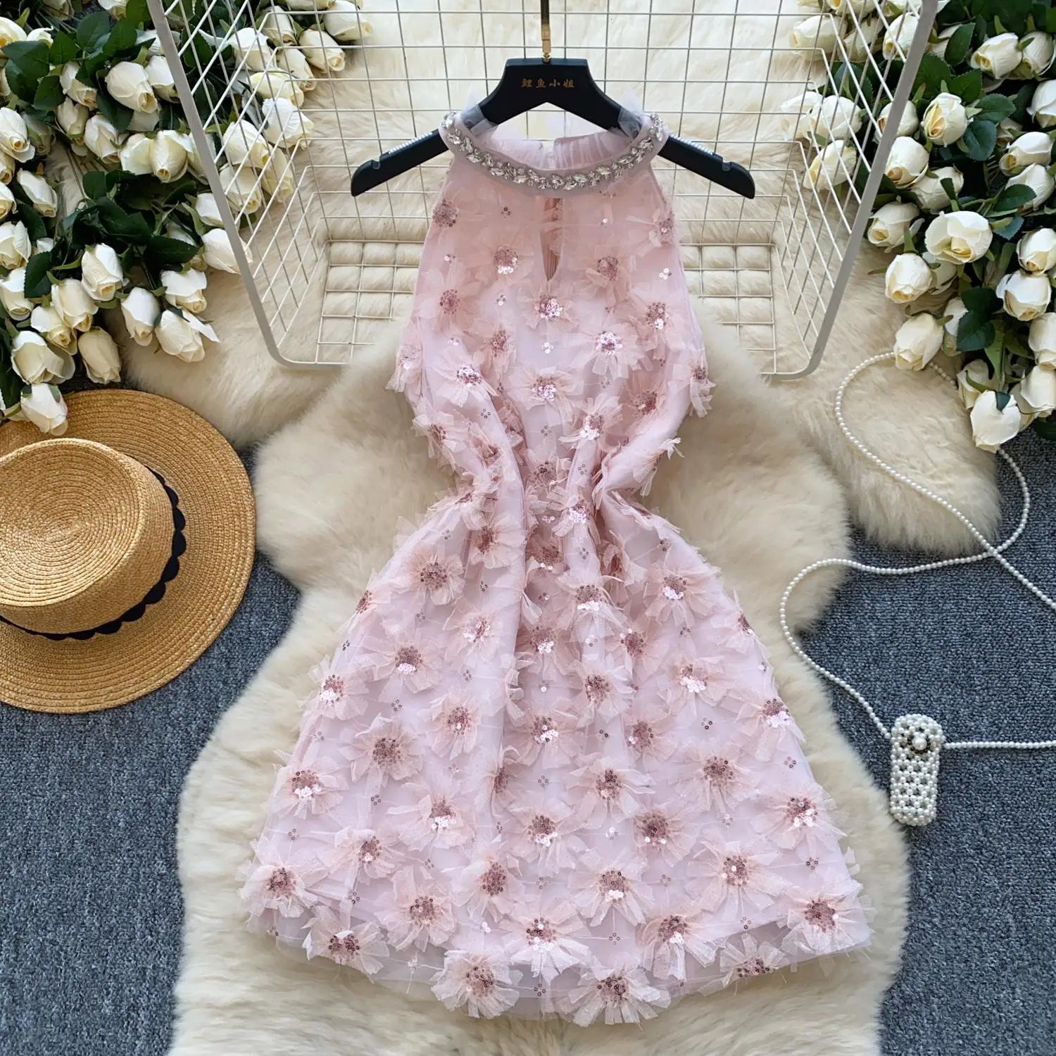 French Retro Women Pink Sequin Diamonds Elegant Hollow Out Halter Short Dress Summer Sleeveless Evening Party Dress Popular Chic