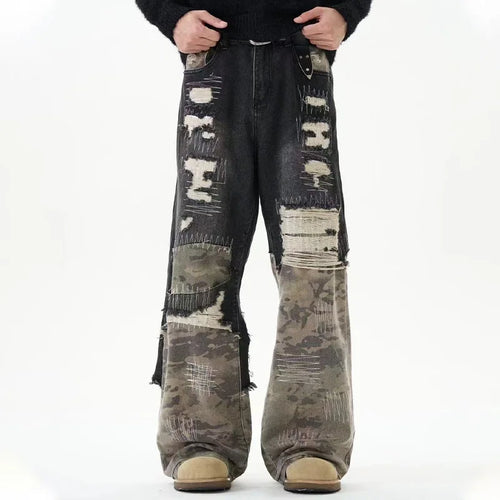 Load image into Gallery viewer, Patchwork Streetwear Men&#39;s Denim Pants Niche Design Camouflage Worn-out Straight Wide Leg Male Jeans Autumn Tide 9C8818
