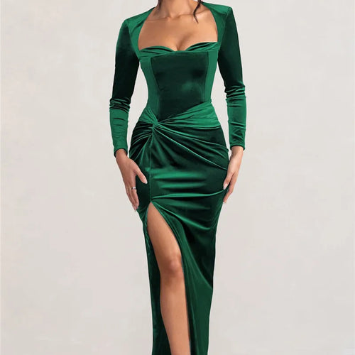Load image into Gallery viewer, Square Collar Long Sleeve Sexy Maxi Dress For Women Velvet Fashion Ruched Split Bodycon Club Party Elegant Long Dress
