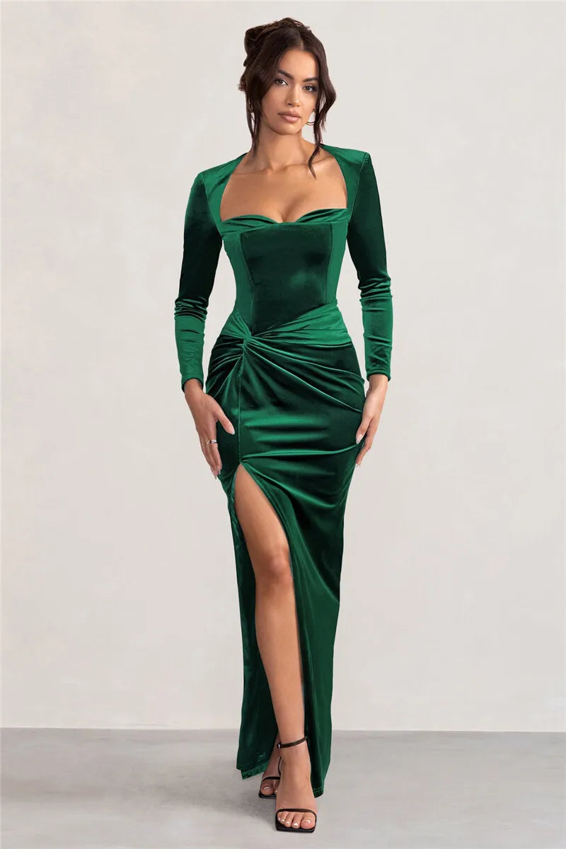 Square Collar Long Sleeve Sexy Maxi Dress For Women Velvet Fashion Ruched Split Bodycon Club Party Elegant Long Dress