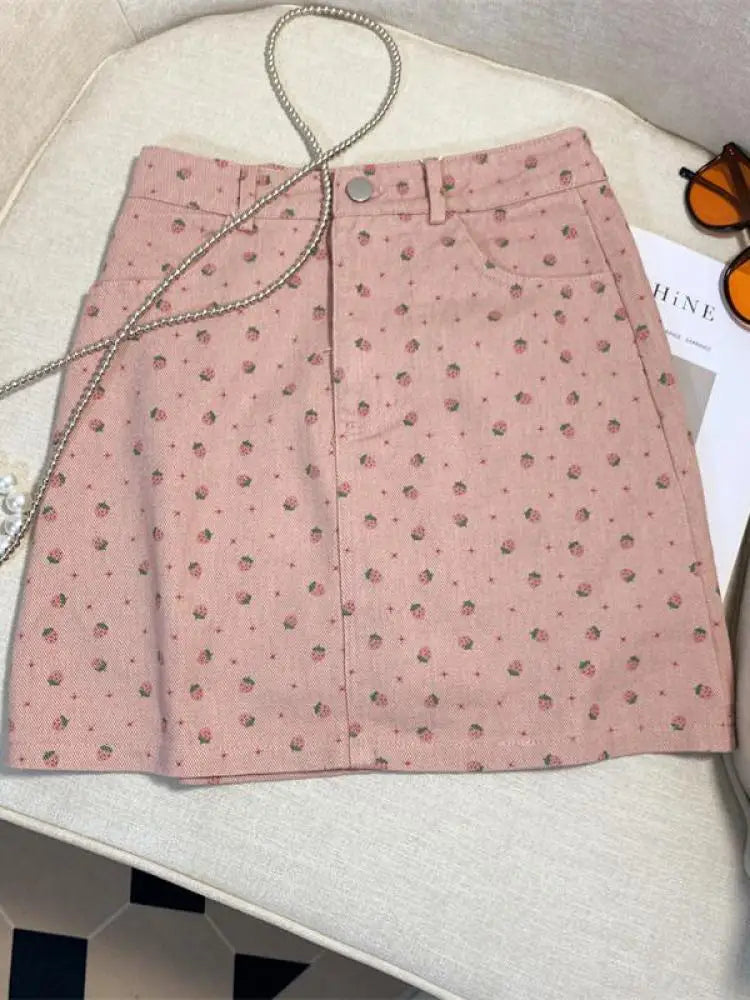 French Summer Women's Sweet Elegant Holiday Slim Wrapped Hip Short Skirt Vintage High Waist Strawberry Print Mini Skirts Fashion