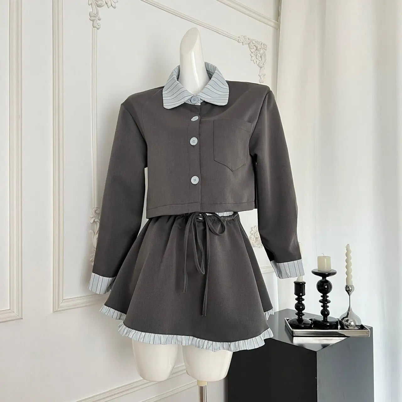 Vintage Women Autumn Gray Blue Striped Long Sleeved Single Breasted Top And High Waist Ruffles Pleated Short Skirt Two-piece Set