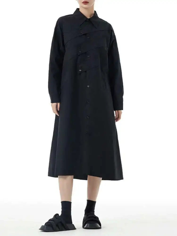 Women Rose Red Button Design Big Size Midi Shirt Dress New Lapel Long Sleeve Fashion Tide Spring Autumn 2025 1DH5165