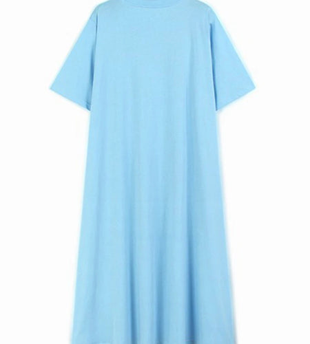 Women Blue Brief Pocket Casual Big Size Midi Dress New Round Neck Short Sleeve Fashion Tide Spring Summer 2025 1DJ1187