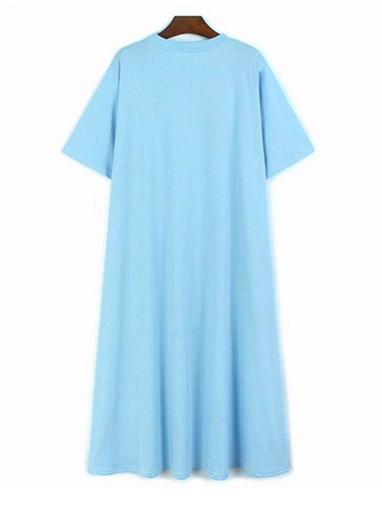 Women Blue Brief Pocket Casual Big Size Midi Dress New Round Neck Short Sleeve Fashion Tide Spring Summer 2025 1DJ1187