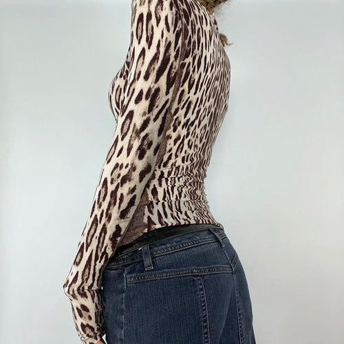 Load image into Gallery viewer, Vintage Leopard Printing Autumn T-shirts For Women Lace Patchwork Skinny Square Neck Top Tees Y2K Aesthetics Clothes
