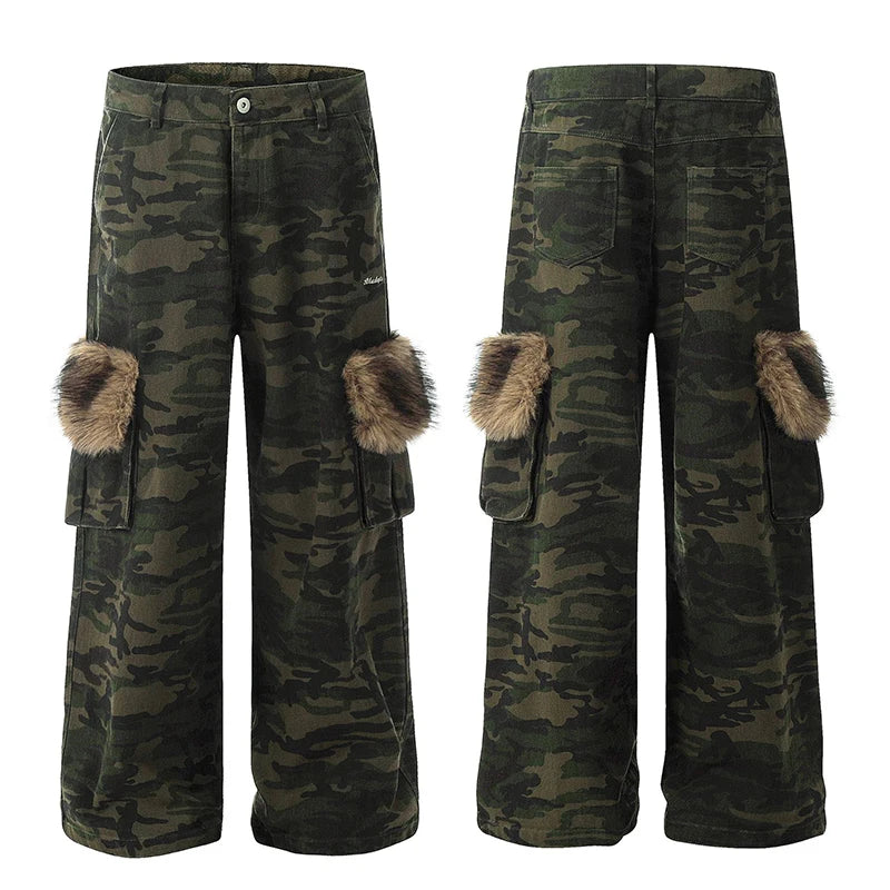 American High Street Male Cargo Pants Fur Design Loose Straight Wide Leg Multi Pockets Chic Male Casual Trousers 9W1957