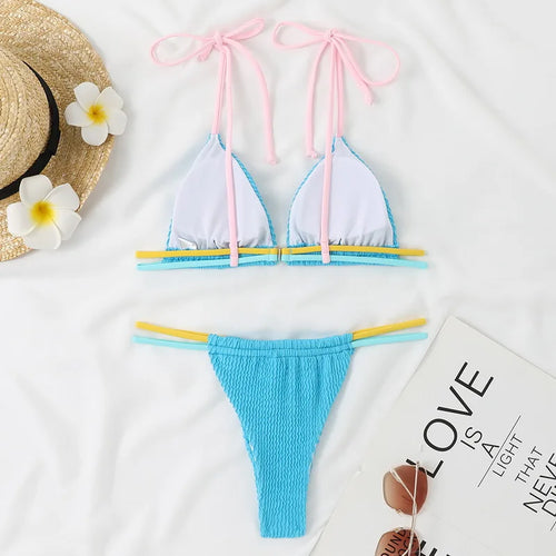 Load image into Gallery viewer, Brazilian Bikini 2024 Female Solid Thong Swimsuit Women  High Cut Swimwear Push Up Bikini Set Halter Bathing Suit
