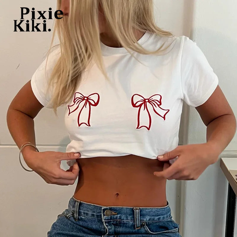 Bow Embroidered White Graphic Tee Y2k Summer Tshrit Woman Short Sleeve Crop Top Women Trending Clothing 2024 P85-AI12