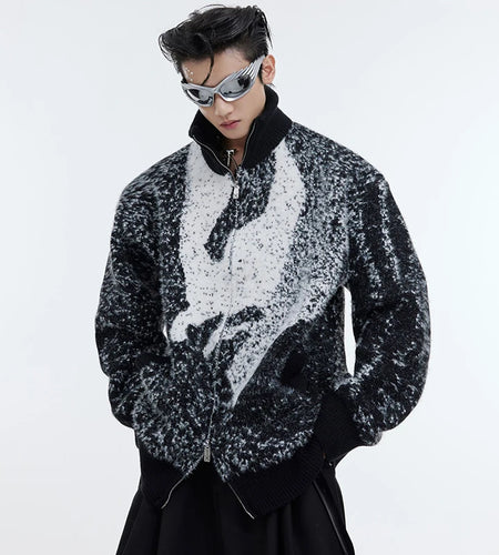 Men's Sweater Casual Stand Collar Plush Contrast Color Zipper Male Knitting Cardigan Chic Winter Jackets New Trendy 9C4432