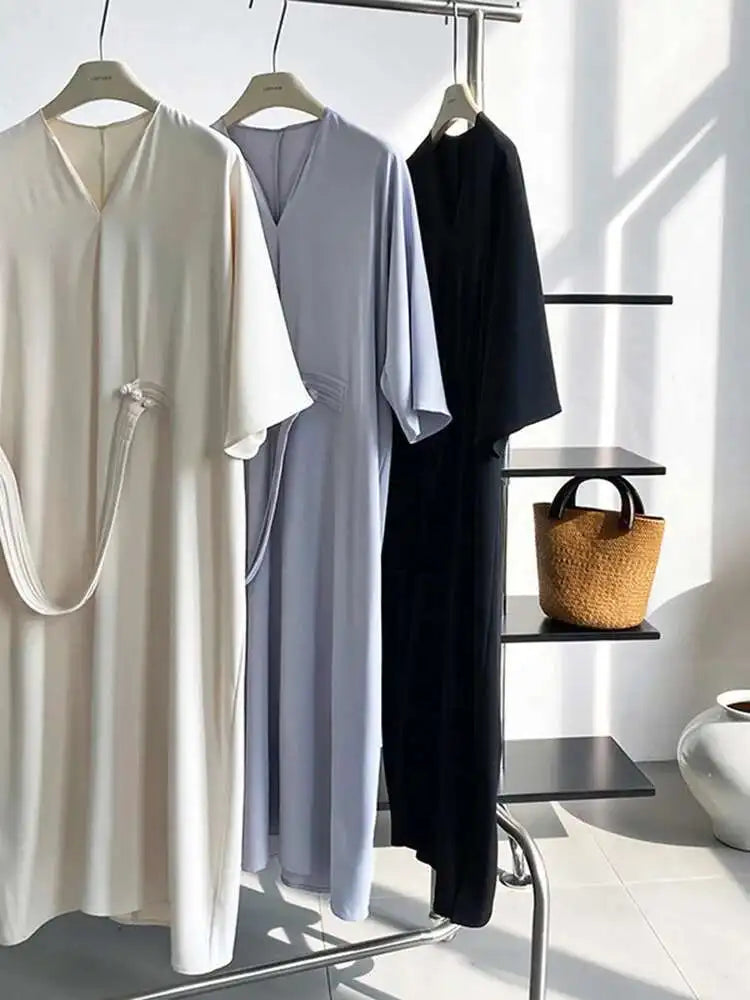 Women Black Buckle Long Elegant Dress New Round Neck Three-quarter Sleeve Loose Fit Fashion Spring Autumn 2025 1DE7880