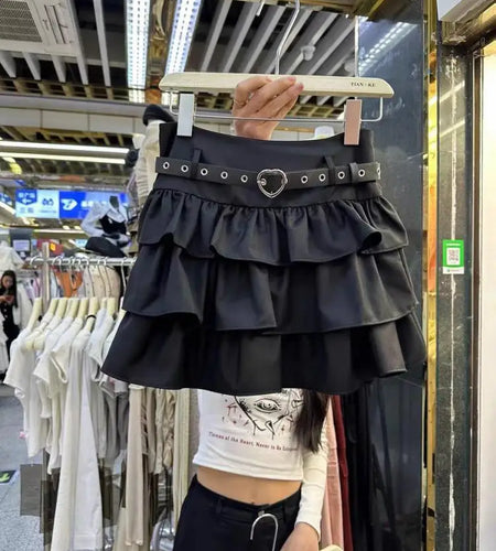 Spring Summer Women Black Brown High Waist Ruffles Cake Short Skirt White Holiday Party Pleated Mini Skirt Ladies Popular French