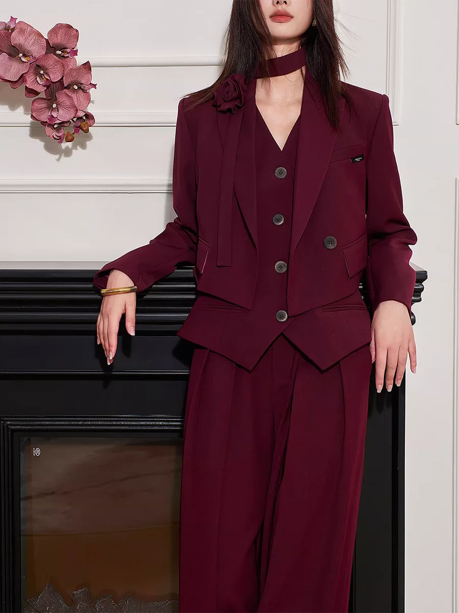 Solid Three  Piece for Women Lapel Long Sleeve Spliced Button Coat High Waist Pant Elegant Sets Female